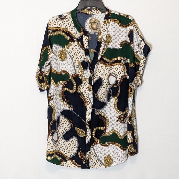 SHEIN Tops - Women's SHEIN CURVE Black/Gold, Treasure Print, Short Sleeve Blouse; Size 4XL